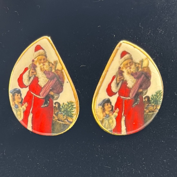 Vtg Santa Claus Earrings Enamel Ceramic Christmas Chunky Pierced 80s - Picture - Picture 2 of 10